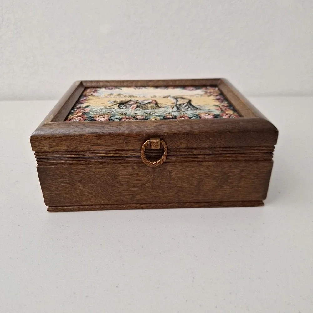 Vintage Tapestry Jewelry Box Art Floral Women Working Field Country Farmhouse